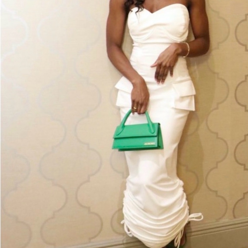 Hanifa Strapless White Peplum Midi Dress with Sweetheart Neckline